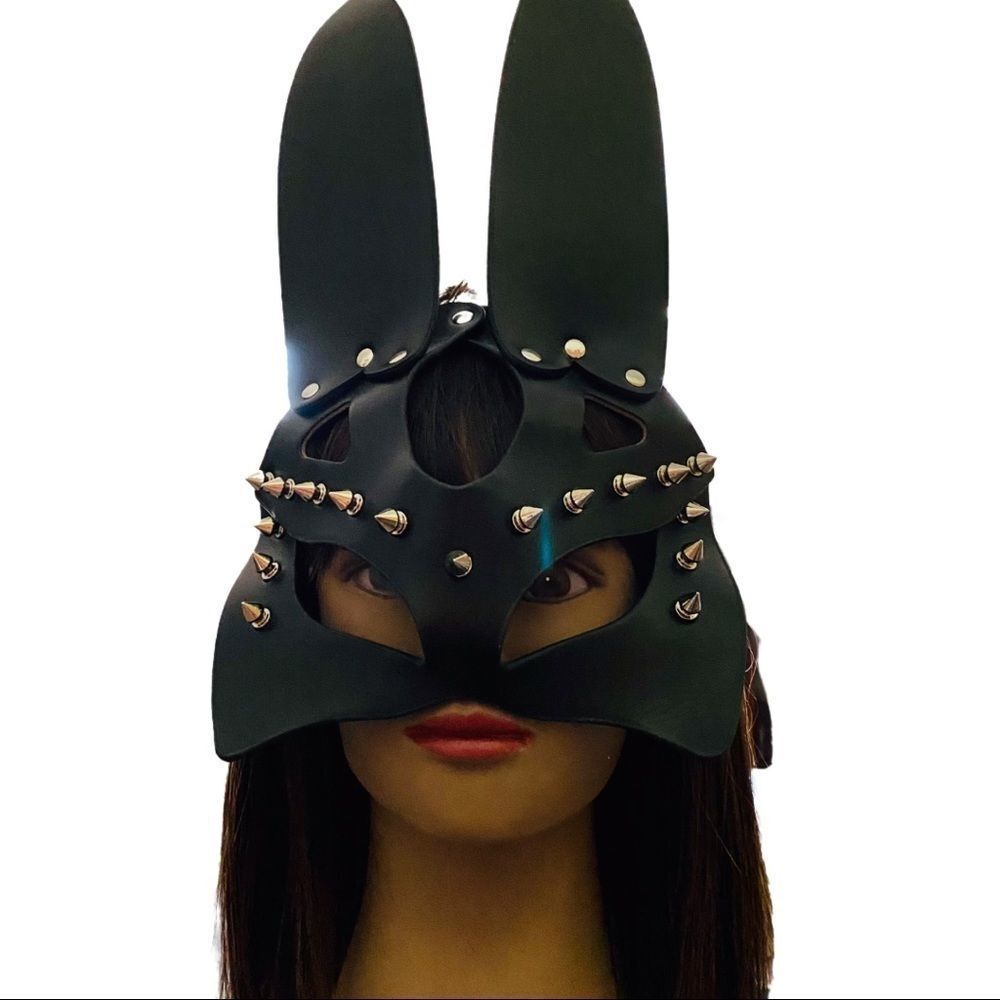 Black Leather Silver Spike Studded Bondage Mask Tall Rabbit Ears Full Facial NWT
